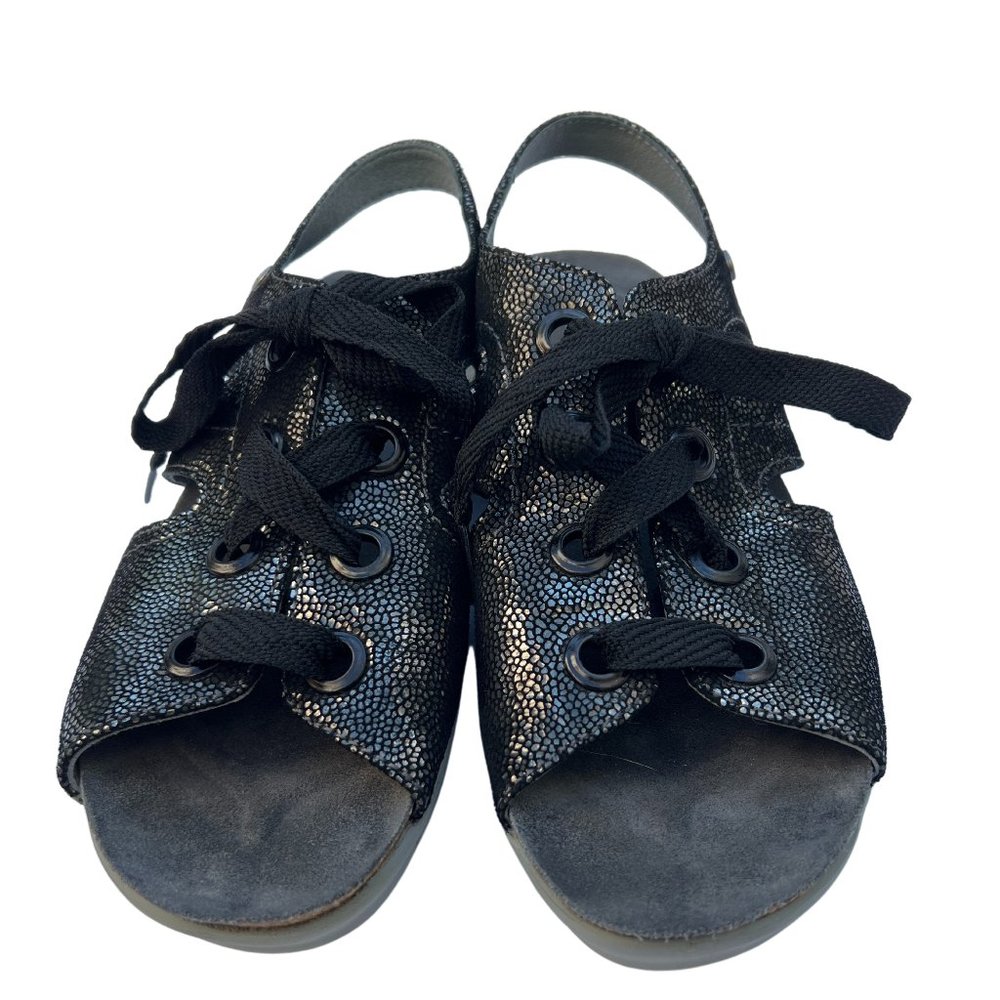 Wolky Open Sandal Snakeskin Design Leather Upper Lace Up Black/Pewter Size 38